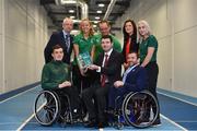 3 April 2019; Paralympics Ireland launched the new strategic plan for Irish Paralympic Sport at the Sport Ireland Federation; ‘Success Take More'. Pictured are Minister of State for Tourism and Sport Brendan Griffin TD, with, from left, Chief Executive of Sport Ireland John Treacy, swimmer Patrick Flanagan, middle-distance runner Greta Streimkyte, para-canoeist Pat O'Leary, CEO of Paralympics Ireland Miriam Malone, sprinter Orla Comerford and President of Paralympics Ireland John Fulham during the launch at the Sport Ireland Institute in Abbotstown, Co Dublin. Photo by Matt Browne/Sportsfile