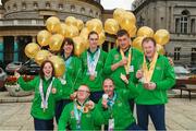 3 April 2019; Team Ireland's Aine McDermott, a member of the No Limits Club, from Athenry, Co. Galway, Kellie O'Donnell, a member of the Waterford SO Club, from Carrick-on-Suir, Co. Tipperary, Jack McFadden, a member of the Phoenix Flyers SO Club, from Dublin 15, Co. Dublin, Patrick Furlong, a member of the Lakers, from Dublin 10, Co. Dublin, John Doyle, a member of the Special Olympics Club Gorey Area, from Gorey, Co. Wexford, and, front row, Fergal Gregory, a member of the Newry City SOC from Newry, Co. Down, and Francis Power, a member of the Navan Arch Club, from Navan, Co. Meath, after they had visited Leinster House to celebrate their success at the recent World Summer Games Abu Dhabi. Photo by Ray McManus/Sportsfile