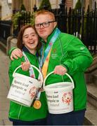 4 April 2019; Special Olympics Ireland is calling on people across the country to support future champions by donating to its Annual Collection Day Friday, 5th April. This is set to be one of the biggest and best Collection Days for the charity; off the back of Team Ireland’s incredible success at the Special Olympics World Games in Abu Dhabi, Special Olympics Ireland smashed its initial target of 3,000 volunteers; with over 4,000 people signing up to take to the streets. Supermarkets, shops and streets will be full of Special Olympics volunteers and representatives, singing, shaking and smiling from 7am, in what will be one of the largest organised nationwide fundraising events of 2019. One can donate online at www.specialolympics.ie/donate or Text Athlete to 50300 to donate €4 to Special Olympics Ireland. Pictured are Team Ireland's Aine McDermott, a member of the No Limits Club, from Athenry, Co. Galway, and Fergal Gregory, Newry City SOC, from Newry, Co. Down. Photo by Ray McManus/Sportsfile