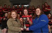 30 March 2019; Tullamore team captain Hannah Fox is presented with the Noeleen Spain cup by Hannah and Jessica Spain after the Leinster Rugby Girls 18s Girls Noeleen Spain Cup Final match between Tullamore and Wicklow at Navan RFC in Navan, Co Meath. Photo by Matt Browne/Sportsfile