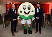 4 April 2019; Republic of Ireland manager Colin O'Brien, left, and international team exectutive Mark McNamee, right, with mascot Barry The Bodhran prior to the 2019 UEFA European Under-17 Championship Finals Draw at the Aviva Stadium in Dublin. Photo by Stephen McCarthy/Sportsfile