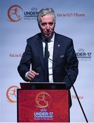 4 April 2019; Chairman of the UEFA Youth and Amateur Football Committee John Delaney during the 2019 UEFA European Under-17 Championship Finals Draw at the Aviva Stadium in Dublin. Photo by Stephen McCarthy/Sportsfile