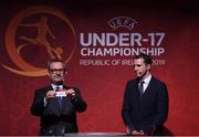 4 April 2019; Tournament ambassador John O'Shea, right, and UEFA Head of National Team Competitions Lance Kelly pulls the name of Greece during the 2019 UEFA European Under-17 Championship Finals Draw at the Aviva Stadium in Dublin. Photo by Stephen McCarthy/Sportsfile
