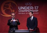 4 April 2019; Tournament ambassador John O'Shea, right, and UEFA Head of National Team Competitions Lance Kelly pulls the name of Sweden during the 2019 UEFA European Under-17 Championship Finals Draw at the Aviva Stadium in Dublin. Photo by Stephen McCarthy/Sportsfile
