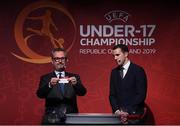 4 April 2019; Tournament ambassador John O'Shea, right, and UEFA Head of National Team Competitions Lance Kelly pulls the name of Austria during the 2019 UEFA European Under-17 Championship Finals Draw at the Aviva Stadium in Dublin. Photo by Stephen McCarthy/Sportsfile