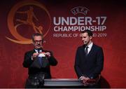 4 April 2019; Tournament ambassador John O'Shea, right, and UEFA Head of National Team Competitions Lance Kelly pulls the name of England during the 2019 UEFA European Under-17 Championship Finals Draw at the Aviva Stadium in Dublin. Photo by Stephen McCarthy/Sportsfile