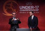 4 April 2019; Tournament ambassador John O'Shea, right, and UEFA Head of National Team Competitions Lance Kelly pulls the name of Hungary during the 2019 UEFA European Under-17 Championship Finals Draw at the Aviva Stadium in Dublin. Photo by Stephen McCarthy/Sportsfile