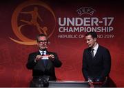 4 April 2019; Tournament ambassador John O'Shea, right, and UEFA Head of National Team Competitions Lance Kelly pulls the name of Germany during the 2019 UEFA European Under-17 Championship Finals Draw at the Aviva Stadium in Dublin. Photo by Stephen McCarthy/Sportsfile