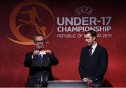4 April 2019; Tournament ambassador John O'Shea, right, and UEFA Head of National Team Competitions Lance Kelly pulls the name of Belgium during the 2019 UEFA European Under-17 Championship Finals Draw at the Aviva Stadium in Dublin. Photo by Stephen McCarthy/Sportsfile
