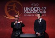 4 April 2019; Tournament ambassador John O'Shea, right, and UEFA Head of National Team Competitions Lance Kelly pulls the name of Portugal during the 2019 UEFA European Under-17 Championship Finals Draw at the Aviva Stadium in Dublin. Photo by Stephen McCarthy/Sportsfile