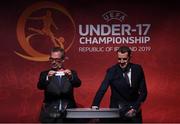 4 April 2019; Tournament ambassador John O'Shea, right, and UEFA Head of National Team Competitions Lance Kelly pulls the name of France during the 2019 UEFA European Under-17 Championship Finals Draw at the Aviva Stadium in Dublin. Photo by Stephen McCarthy/Sportsfile