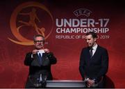 4 April 2019; Tournament ambassador John O'Shea, right, and UEFA Head of National Team Competitions Lance Kelly pulls the name of Spain during the 2019 UEFA European Under-17 Championship Finals Draw at the Aviva Stadium in Dublin. Photo by Stephen McCarthy/Sportsfile