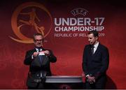 4 April 2019; Tournament ambassador John O'Shea, right, and UEFA Head of National Team Competitions Lance Kelly pulls the name of Iceland during the 2019 UEFA European Under-17 Championship Finals Draw at the Aviva Stadium in Dublin. Photo by Stephen McCarthy/Sportsfile