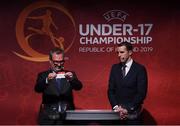 4 April 2019; Tournament ambassador John O'Shea, right, and UEFA Head of National Team Competitions Lance Kelly pulls the name of Netherlands during the 2019 UEFA European Under-17 Championship Finals Draw at the Aviva Stadium in Dublin. Photo by Stephen McCarthy/Sportsfile