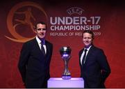 4 April 2019; Tournament ambassador John O'Shea, left, and Republic of Ireland manager Colin O'Brien following the 2019 UEFA European Under-17 Championship Finals Draw at the Aviva Stadium in Dublin. Photo by Stephen McCarthy/Sportsfile