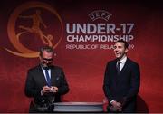 4 April 2019; Tournament ambassador John O'Shea, right, and UEFA Head of National Team Competitions Lance Kelly during the 2019 UEFA European Under-17 Championship Finals Draw at the Aviva Stadium in Dublin. Photo by Stephen McCarthy/Sportsfile