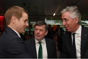 4 April 2019; Republic of Ireland manager Colin O'Brien, left, with, FAI President Donal Conway, centre, and Chairman of the UEFA Youth and Amateur Football Committee John Delaney during the 2019 UEFA European Under-17 Championship Finals Draw at the Aviva Stadium in Dublin. Photo by Stephen McCarthy/Sportsfile