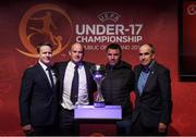 4 April 2019; Group A coaches, from left, Republic of Ireland manager Colin O'Brien, Belgium head coach Bob Browaeys, Czech Republic head coach Václav Kotal and Greece manager Despoina Papastathopoulou following the 2019 UEFA European Under-17 Championship Finals Draw at the Aviva Stadium in Dublin. Photo by Stephen McCarthy/Sportsfile