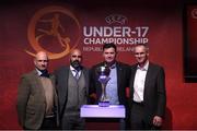 4 April 2019; Group C coaches, from left, Iceland assistant coach Thorvaldur Orlygsson, Portugal head coach Emilio Peixe, Hungary head coach Sandor Preisinger and Russia assistant coach Nikolay Kocheshkov during the 2019 UEFA European Under-17 Championship Finals Draw at the Aviva Stadium in Dublin. Photo by Stephen McCarthy/Sportsfile