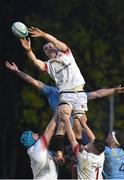 4 April 2019; Reuben Pim of Trinitywins possession in a lineout during the Annual Men's Colours match between UCD and Trinity at the UCD Bowl in Belfield, Dublin. Photo by Matt Browne/Sportsfile