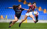 5 April 2019; Hollie Nic Uaid of Coláiste Oiriall in action against Ruth Martin of Moate C.S during the Lidl All-Ireland Post-Primary Schools Junior B Final match between Coláiste Oiriall and Moate Community School at Glennon Brothers Pearse Park in Longford. Photo by David Fitzgerald/Sportsfile
