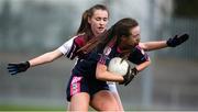 5 April 2019; Chloe Moran of Moate C.S in action against Caoimhe Ní Mhaolchalann of Coláiste Oiriall during the Lidl All-Ireland Post-Primary Schools Junior B Final match between Coláiste Oiriall and Moate Community School at Glennon Brothers Pearse Park in Longford. Photo by David Fitzgerald/Sportsfile