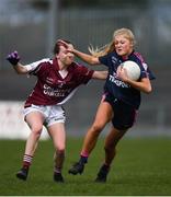 5 April 2019; Ava Cornally of Moate C.S in action against Abi Ní Chearrulláin of Coláiste Oiriall during the Lidl All-Ireland Post-Primary Schools Junior B Final match between Coláiste Oiriall and Moate Community School at Glennon Brothers Pearse Park in Longford. Photo by David Fitzgerald/Sportsfile