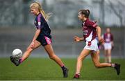 5 April 2019; Ava Cornally of Moate C.S in action against Alannah Ní Chorragáin of Coláiste Oiriall during the Lidl All-Ireland Post-Primary Schools Junior B Final match between Coláiste Oiriall and Moate Community School at Glennon Brothers Pearse Park in Longford. Photo by David Fitzgerald/Sportsfile