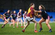 5 April 2019; Órna Ní Cheallaigh of Coláiste Oiriall in action against Aoife Dalton of Moate C.S during the Lidl All-Ireland Post-Primary Schools Junior B Final match between Coláiste Oiriall and Moate Community School at Glennon Brothers Pearse Park in Longford. Photo by David Fitzgerald/Sportsfile