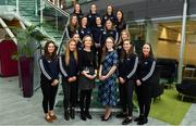 5 April 2019; The Women’s Gaelic Players Association, WGPA, presented its 2019 third-level scholarships on Friday 5th April at PWC headquarters in Dublin. A total of 46 scholarships have been awarded to third-level students across multiple colleges who play intercounty Camogie and Ladies Football. The scholarship scheme recognises the efforts of WGPA members in pursuing a dual career, enabling them to focus their attention on taking opportunities for ongoing personal and professional development whilst striving for excellence as athletes. Pictured are third level scholarship students with Niamh Murphy, Director of Corportate Communications, ICON, centre left, and Maria Kinsella, WGPA Chairperson, centre right. Photo by Sam Barnes/Sportsfile