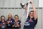 5 April 2019; Moate C.S captain Aoife Dalton lifts the trophy following the Lidl All-Ireland Post-Primary Schools Junior B Final match between Coláiste Oiriall and Moate Community School at Glennon Brothers Pearse Park in Longford. Photo by David Fitzgerald/Sportsfile