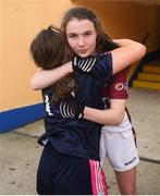5 April 2019; Captains Aoife Dalton of Moate C.S, left, and Bríd Nic An Fhailí of Coláiste Oiriall embrace following the Lidl All-Ireland Post-Primary Schools Junior B Final match between Coláiste Oiriall and Moate Community School at Glennon Brothers Pearse Park in Longford. Photo by David Fitzgerald/Sportsfile