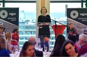 5 April 2019; The Women’s Gaelic Players Association, WGPA, presented its 2019 third-level scholarships on Friday 5th April at PWC headquarters in Dublin. A total of 46 scholarships have been awarded to third-level students across multiple colleges who play intercounty Camogie and Ladies Football. The scholarship scheme recognises the efforts of WGPA members in pursuing a dual career, enabling them to focus their attention on taking opportunities for ongoing personal and professional development whilst striving for excellence as athletes. Pictured is Niamh Murphy, Director of Corporate Communications ICON, speaking during the event . Photo by Sam Barnes/Sportsfile