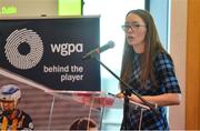 5 April 2019; The Women’s Gaelic Players Association, WGPA, presented its 2019 third-level scholarships on Friday 5th April at PWC headquarters in Dublin. A total of 46 scholarships have been awarded to third-level students across multiple colleges who play intercounty Camogie and Ladies Football. The scholarship scheme recognises the efforts of WGPA members in pursuing a dual career, enabling them to focus their attention on taking opportunities for ongoing personal and professional development whilst striving for excellence as athletes. Pictured is Maria Kinsella, WGPA Chair, speaking during the event . Photo by Sam Barnes/Sportsfile