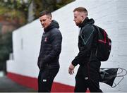 5 April 2019; Patrick McEleney, left, and Seán Hoare of Dundalk arrive prior to the SSE Airtricity League Premier Division match between St Patrick's Athletic and Dundalk at Richmond Park in Dublin. Photo by Seb Daly/Sportsfile