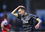 5 April 2019; Daniel Kelly of Dundalk reacts after missing an opportunity to score during the SSE Airtricity League Premier Division match between St Patrick's Athletic and Dundalk at Richmond Park in Dublin. Photo by Seb Daly/Sportsfile