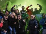 5 April 2019; Shamrock Rovers supporters celebrate their first goal during the SSE Airtricity League Premier Division match between Cork City and Shamrock Rovers at Turners Cross in Cork. Photo by Stephen McCarthy/Sportsfile