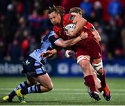 5 April 2019; Arno Botha of Munster is tackled by Owen Lane of Cardiff Blues during the Guinness PRO14 Round 19 match between Munster and Cardiff Blues at Irish Independent Park in Cork. Photo by Ramsey Cardy/Sportsfile
