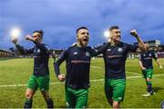 5 April 2019; Shamrock Rovers players, from left, Aaron McEneff, Jack Byrne and Aaron Greene celebrate their first goal during the SSE Airtricity League Premier Division match between Cork City and Shamrock Rovers at Turners Cross in Cork. Photo by Stephen McCarthy/Sportsfile