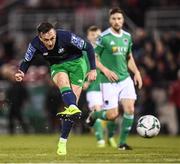 5 April 2019; Aaron McEneff of Shamrock Rovers shoots to score his side's second goal during the SSE Airtricity League Premier Division match between Cork City and Shamrock Rovers at Turners Cross in Cork. Photo by Stephen McCarthy/Sportsfile