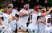 5 April 2019; Ulster players celebrate with Robert Herring, second from right, after he scores his side's first try during the Guinness PRO14 Round 19 match between Glasgow Warriors and Ulster at Scotstoun Stadium in Glasgow, Scotland. Photo by Ross Parker/Sportsfile