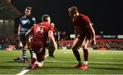 5 April 2019; Andrew Conway of Munster, left, celebrates with team-mate Mike Haley after scoring his side's fifth try during the Guinness PRO14 Round 19 match between Munster and Cardiff Blues at Irish Independent Park in Cork. Photo by Diarmuid Greene/Sportsfile