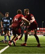 5 April 2019; Andrew Conway of Munster, left, celebrates with team-mate Mike Haley after scoring his side's fifth try during the Guinness PRO14 Round 19 match between Munster and Cardiff Blues at Irish Independent Park in Cork. Photo by Diarmuid Greene/Sportsfile