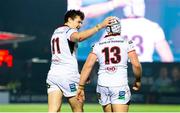 5 April 2019; Jacob Stockdale of Ulster, left, celebrates with team-mate Luke Marshall after an Ulster try during the Guinness PRO14 Round 19 match between Glasgow Warriors and Ulster at Scotstoun Stadium in Glasgow, Scotland. Photo by Ross Parker/Sportsfile