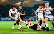 5 April 2019; Jacob Stockdale of Ulster, left, is tackled by Kyle Steyn of Glasgow Warriors during the Guinness PRO14 Round 19 match between Glasgow Warriors and Ulster at Scotstoun Stadium in Glasgow, Scotland. Photo by Ross Parker/Sportsfile
