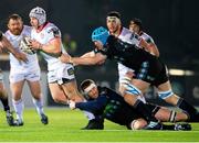 5 April 2019; Luke Marshall of Ulster is tackled by Rob Harley, above, and Scott Cummings Glasgow Warriors during the Guinness PRO14 Round 19 match between Glasgow Warriors and Ulster at Scotstoun Stadium in Glasgow, Scotland. Photo by Ross Parker/Sportsfile