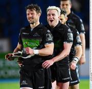 5 April 2019; Stuart Hogg, right, and Pete Horn of Glasgow Warriors following the Guinness PRO14 Round 19 match between Glasgow Warriors and Ulster at Scotstoun Stadium in Glasgow, Scotland. Photo by Ross Parker/Sportsfile