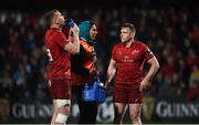 5 April 2019; Munster water carrier Joey Carbery with team-mates Chris Farrell, left, and Rory Scannell during the Guinness PRO14 Round 19 match between Munster and Cardiff Blues at Irish Independent Park in Cork. Photo by Diarmuid Greene/Sportsfile