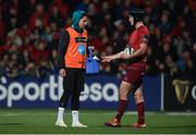 5 April 2019; Munster water carrier Joey Carbery with team-mate Tyler Bleyendaal during the Guinness PRO14 Round 19 match between Munster and Cardiff Blues at Irish Independent Park in Cork. Photo by Diarmuid Greene/Sportsfile