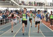 6 April 2019; Callum Oliphant of MSB Dublin celebrates winning the under-17 boys 4x200m relay event from second place Shaun Gilligan of Galway City Harriers AC and third place Nurlan Kennedy of St. Laurance O'Toole AC Carlow during Day 3 of the Irish Life Health National Juvenile Indoor Championships at AIT in Athlone, Co Westmeath. Photo by Matt Browne/Sportsfile